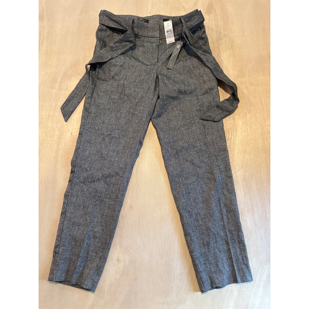 Loft Marisa Slim Trousers Grey Linen Blend Belted Straight Leg Pants Size 2 NWT